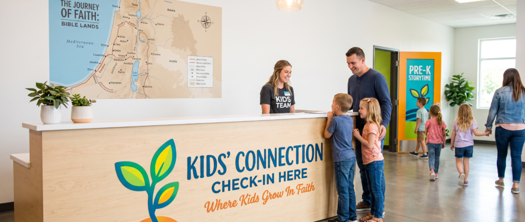 Kid's connection center at church clearly labeled using high quality wall decals from The Simple Stencil custom designed for church.