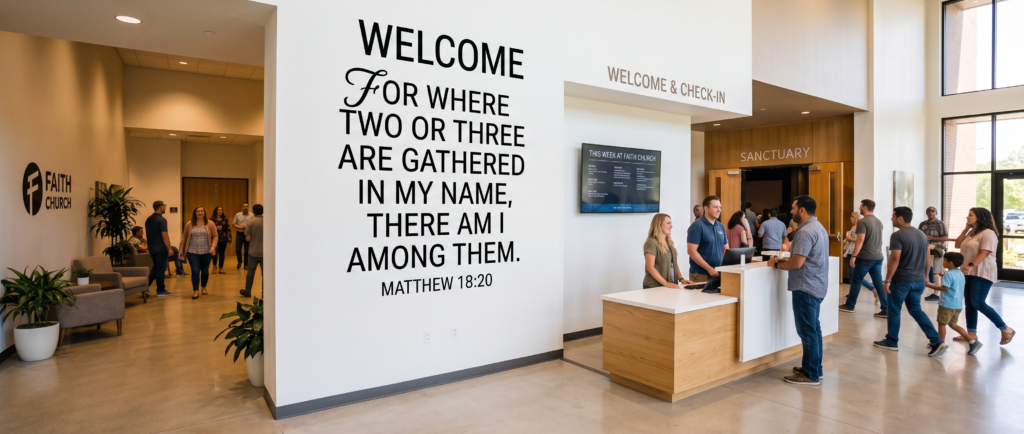 Welcome church members and guests to your church sanctuary with an easy to install wall decal from The Simple Stencil that looks painted on yet removable when ready for a change! Many colors and sizes available.