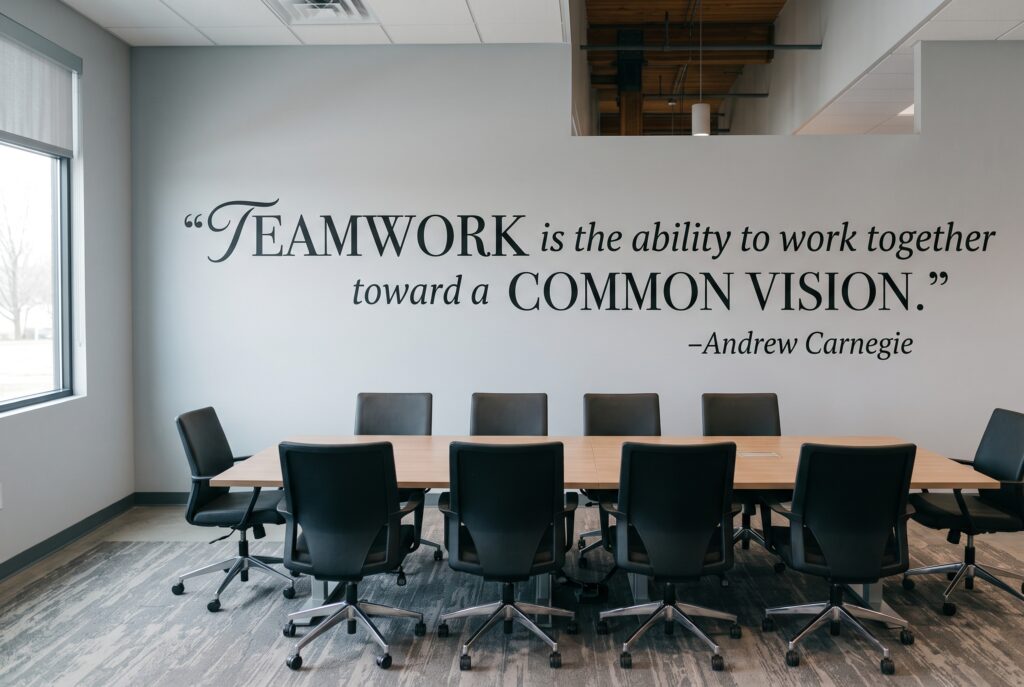 A sleek conference room wall featuring a large, inspiring wall decal: "“TEAMWORK is the ability to work together toward a COMMON VISION.” -Andrew Carnegie". A long wooden meeting table with black ergonomic chairs is set in the foreground, with natural light coming from a vertical window.