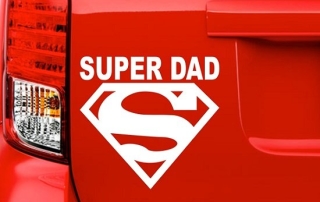 Gift Ideas for Dad: Super Dad Custom Die Cut Vinyl Decal on Red Sports Car