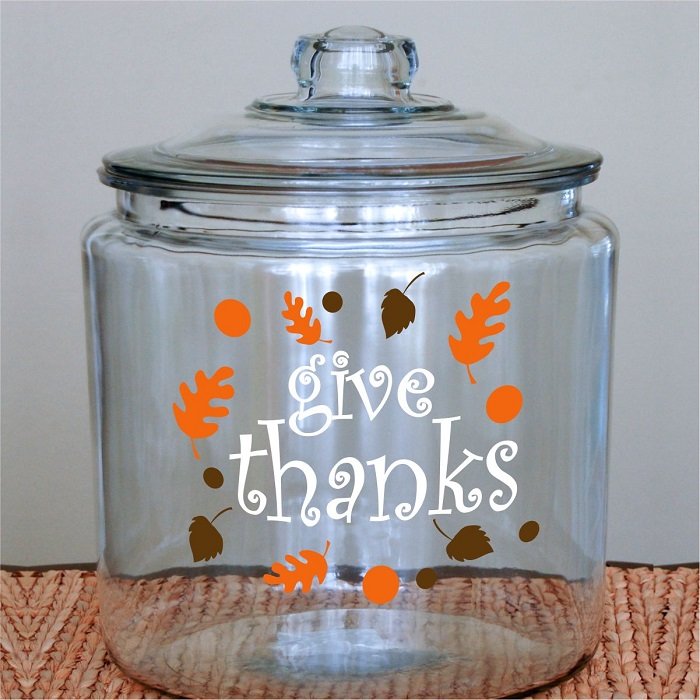Glass canister decorated with custom vinyl letters, leaves & acorns - Thanksgiving Gift Ideas