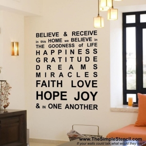 "Believe, Receive, Happiness, Gratitude & Miracles" - Inspirational Family Wall Quotes Lettering