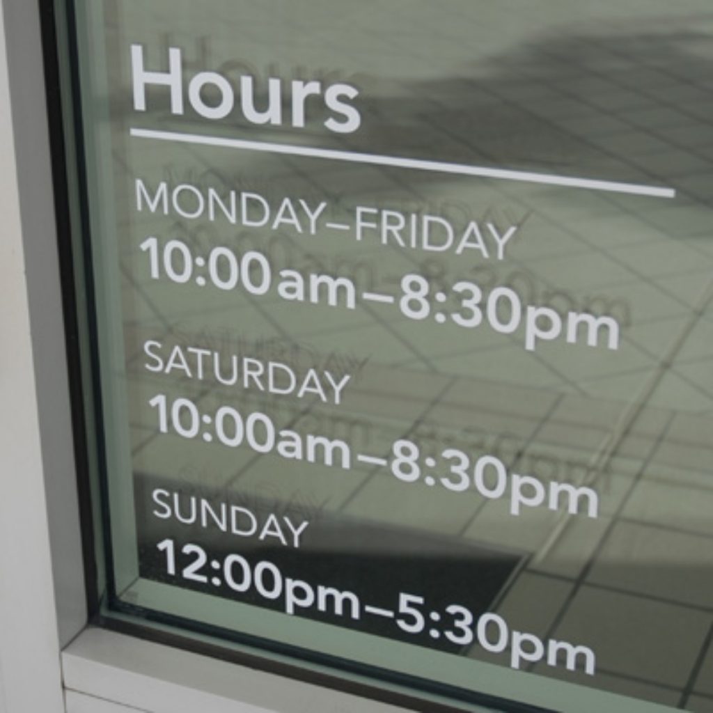 Custom window or wall decal for business or store hours. 
