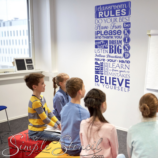 Classroom Rules wall decor for your school classrooms and learning environments. Add a pop of color to your walls while helping students understand what's expected of them year round with a Simple Stencil wall decal for your school.