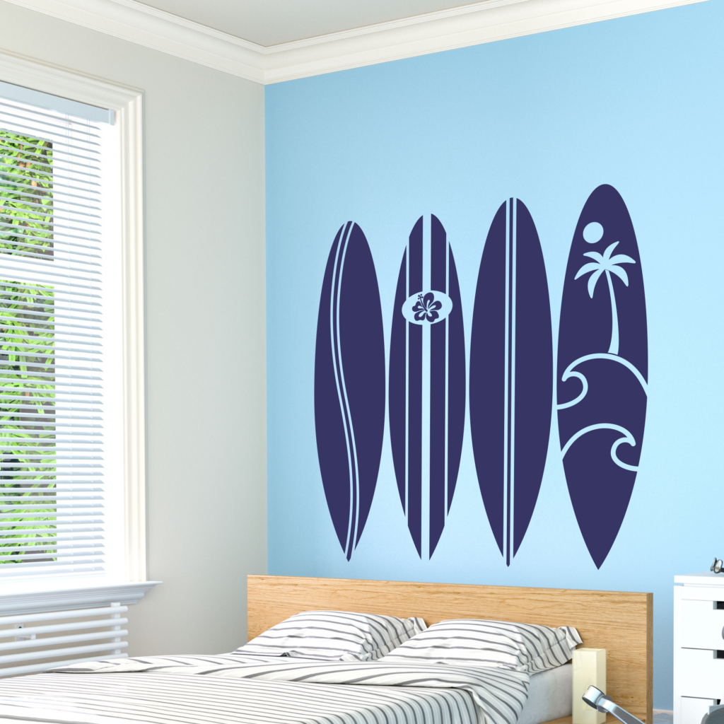 Beach vibes all year with a surfboard pack of removable decals to decorate a beach home, teenage bedroom or anywhere more sunshine is desired in your home decor.