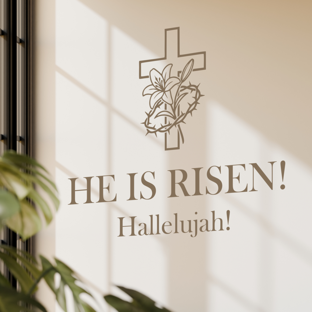 Elegant calligraphy 'He is Risen' wall lettering applied to a modern church foyer to welcome guests on Resurrection Sunday.