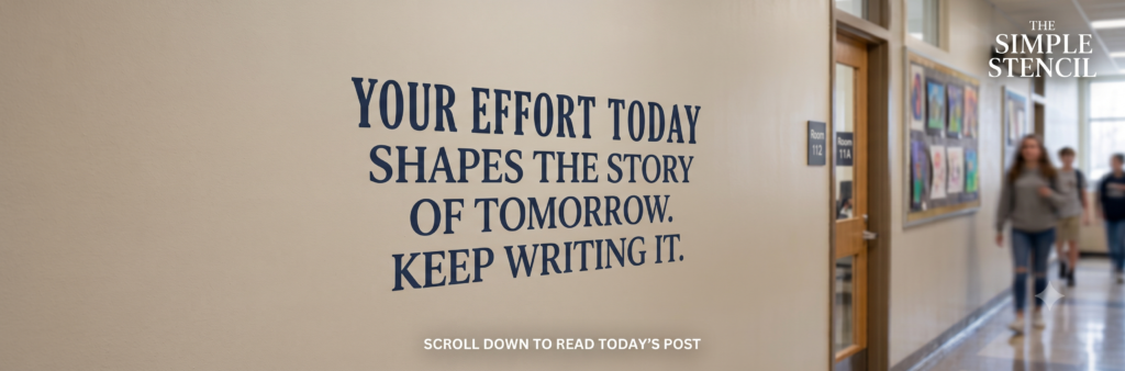 Inspirational classroom wall decal featuring the quote "Your effort today shapes the story of tomorrow. Keep writing it." in a clean, legible navy blue font on a smooth beige drywall. The banner header includes "The Simple Stencil" logo in a realistic school hallway setting