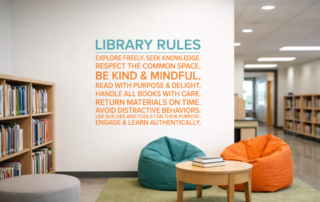 Library Rules on High School Media Center Wall in Common Area to Inspire Reading and Encourage Students - by The Simple Stencil