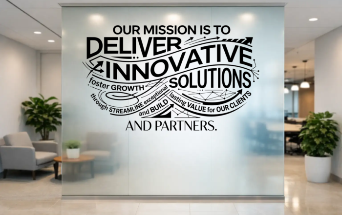 Custom mission statement wall decal displayed on lobby wall - creative custom design created by The Simple Stencil for easy decal install that is easy to apply and changeable or removable.