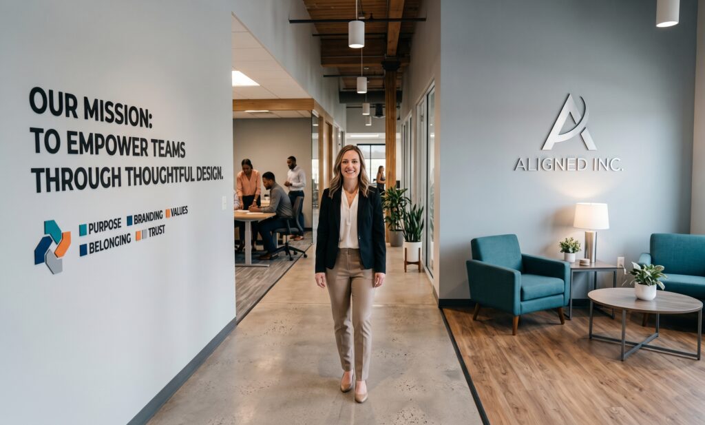 A modern office reception area with the silver, dimensional "A" Aligned Inc. logo displayed on a grey textured wall. The space includes teal velvet armchairs, a side table with a lamp and plants, and clear views through a window, projecting professionalism and trust.
