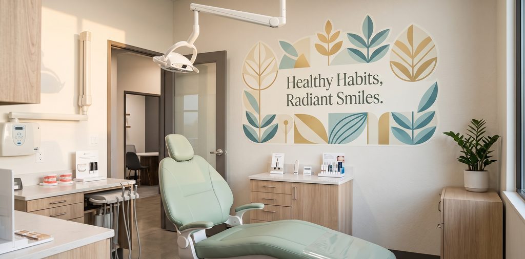 A calming and sophisticated dental operatory for adults, featuring a custom wall decal above the treatment chair that says 'Healthy Smiles, Beautiful Connections.' The minimalist decor helps patients relax during procedures.