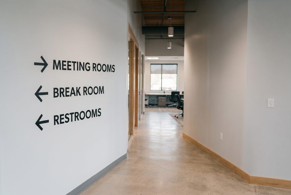 A modern office hallway wall displaying functional black vinyl directional decals. A stack of directional signs reads: "MEETING ROOMS" (with an arrow), "BREAK ROOM" (with a left-pointing arrow), and "RESTROOMS" (with a left-pointing arrow), guiding visitors and staff.