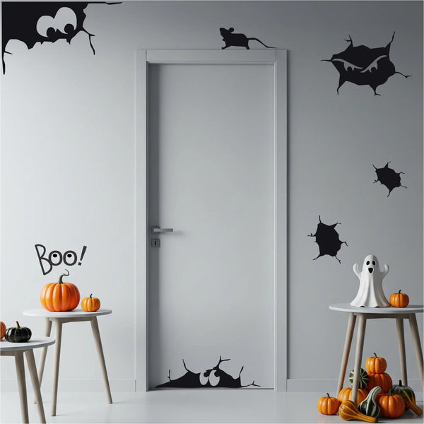 Creepy cracks Halloween wall and window decal set with peeping eyes
