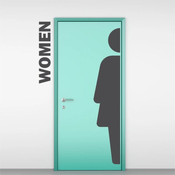 Modern men and women restroom door decals with tall silhouette figures, applied to restaurant restroom doors